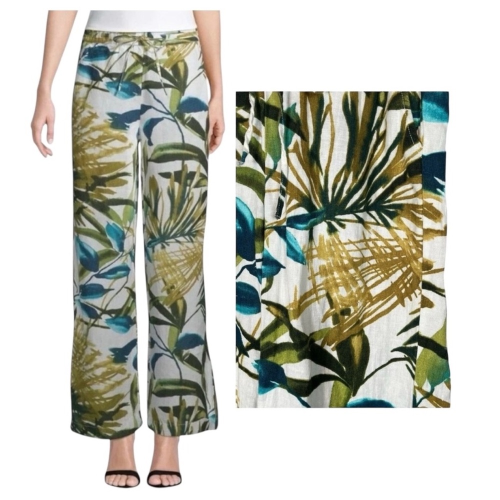 Chico’s LINEN 🆕 TROPICAL PRINT WIDE LEG OVERSIZED DRAWSTRING WAIST NWOT Med/LG